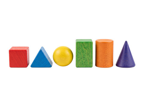 Colorful wooden geometric blocks set lined up on a black background featuring red cube blue triangle yellow sphere green prism orange cylinder purple cone for educational math learning tools.