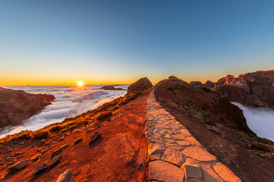 Sunset view on Vereda do Areeiro hiking trail in Madeira Portugal