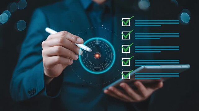 Business professional analyzing digital checklist and target data for strategic planning