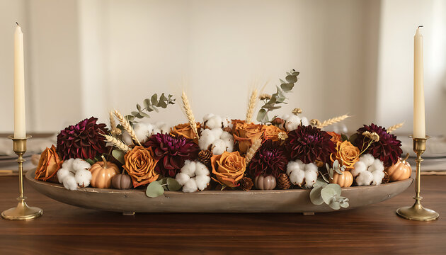 Thanksgiving Table Centerpiece with Dried Flowers Pumpkin and Candles on Walnut Table