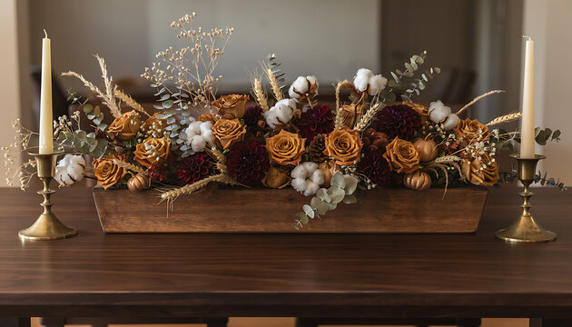 Thanksgiving Table Centerpiece with Dried Flowers Pumpkin and Candles on Walnut Table