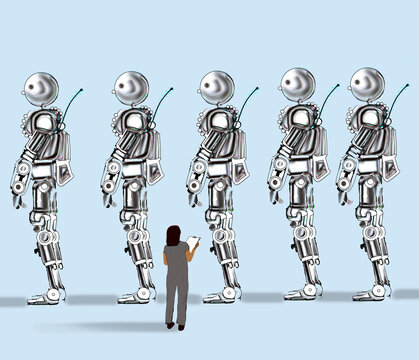 Woman inspects a row of giant metallic robots