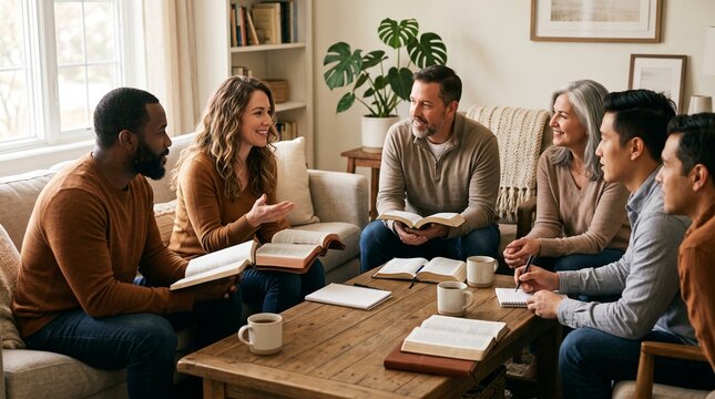 Diverse group of adults engaged in a Bible study discussion around a wooden table