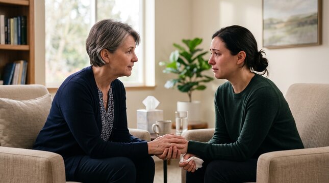Compassionate therapist comforts crying woman holding tissue, offering support and empathy during a difficult conversation