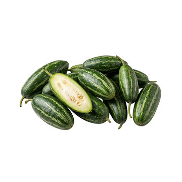 Pointed gourds are gathered in a group with one halved specimen showing the internal seed structure.