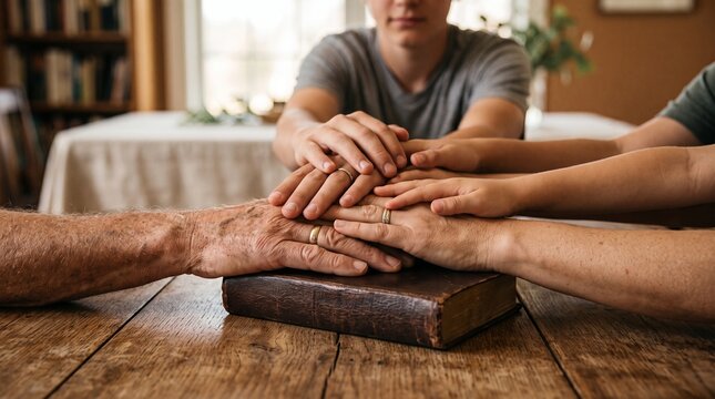 Generations of family hands stacked on an old bible symbolizing faith unity and heritage