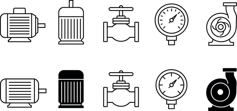 Set of industrial machinery, electric motors, valves, pressure gauges, and water pump vector icons