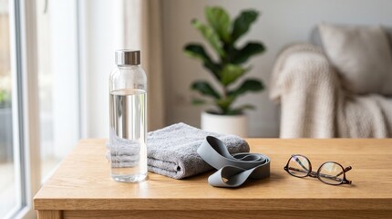 Fototapeta premium Home fitness setup with water bottle towel resistance band and glasses on wooden table