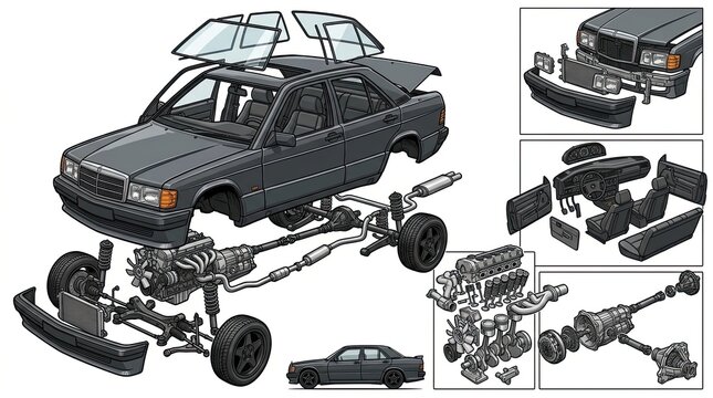 Automotive exploded view illustration showing car parts and mechanical assembly components.