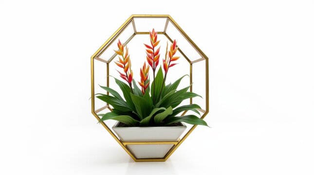 Elegante arreglo floral dentro de una estructura met&aacute;lica geom&eacute;trica contempor&aacute;nea, aislado sobre fondo blanco