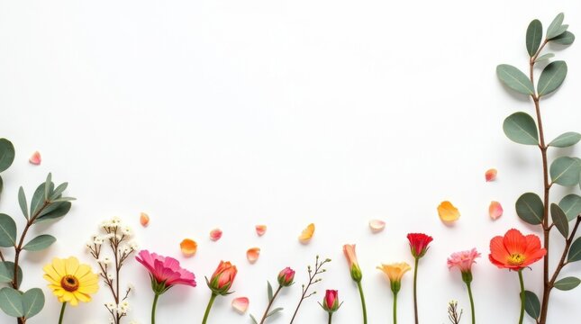 Composici&oacute;n panor&aacute;mica en vista cenital que presenta flores cortadas individualmente, p&eacute;talos sueltos, ramas de eucalipto y delicados elementos bot&aacute;nicos