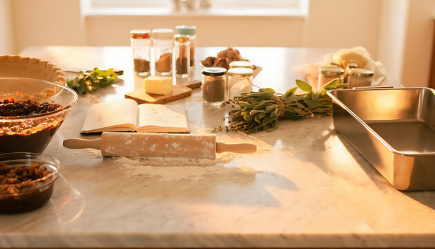 Thanksgiving Kitchen Counter with Pie Ingredients and Cooking Preparation