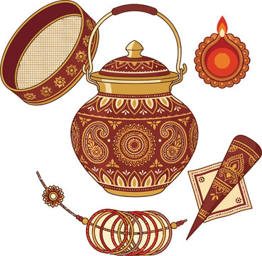 Karwa Chauth festival vector set, traditional Indian ritual elements with kalash and diya, maroon and gold henna celebration icons