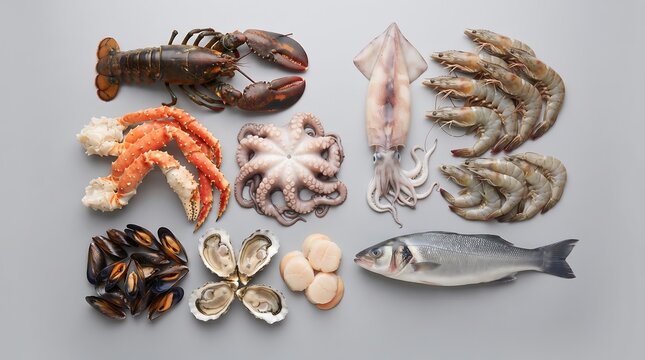 Fresh raw seafood assortment including lobster octopus shrimp mussels oysters scallops and whole fish on grey background