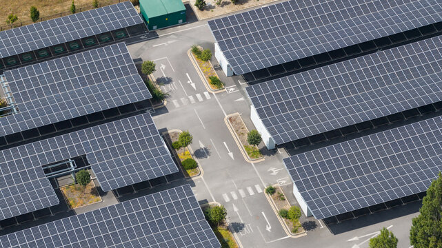 Aerial view of solar panel carports for electric vehicle charging