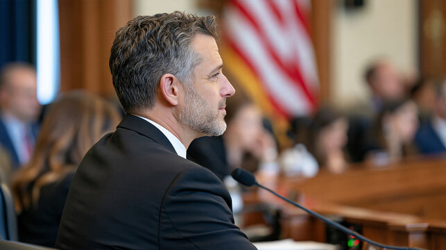 Back of a distinguished man in a black suit seated before a congressional hearing panel, American flag softly waving in the background, judge listening while attorneys discuss legal arguments on opp