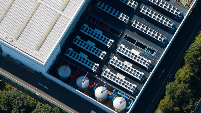 Aerial view of a data center roof with HVAC cooling systems