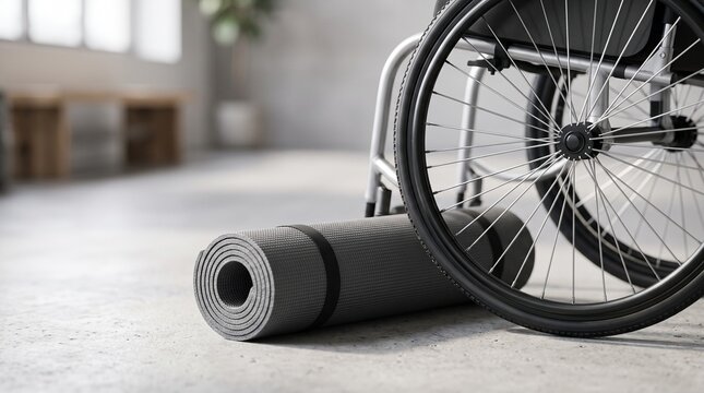 Wheelchair and yoga mat symbolizing adaptive fitness and inclusive wellness for people with disabilities