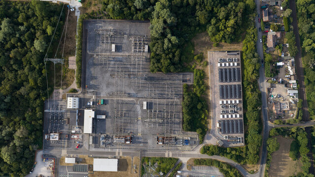 Aerial view of a battery energy storage system and substation