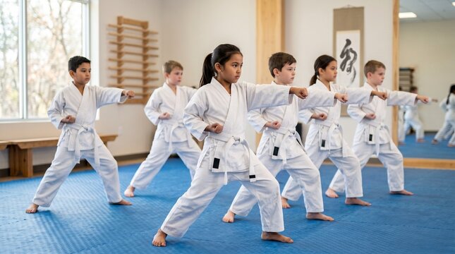 Diverse group of children practicing martial arts in a dojo, focusing on discipline and physical fitness