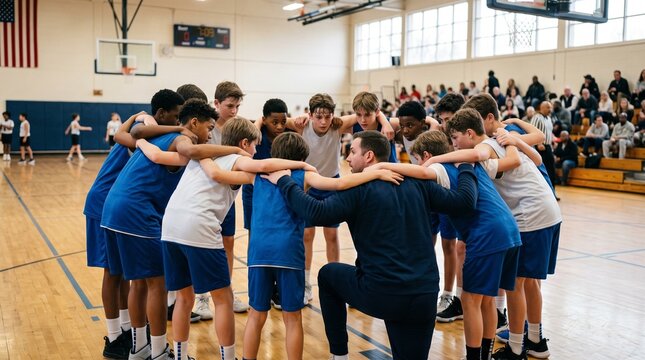 Young basketball team huddle with coach giving pep talk on court during game with spectators watching
