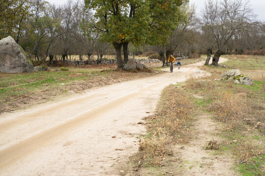 Father and son cycling together on rural dirt road