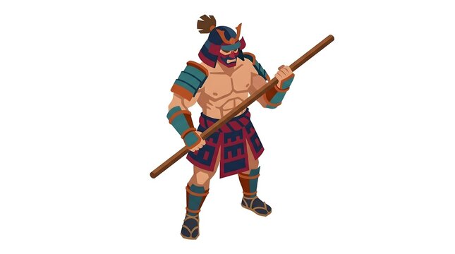 Wrestler vector samurai warrior holding a staff mascot illustration