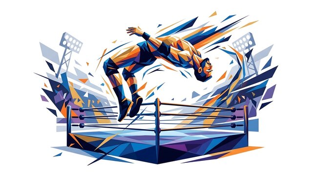 Professional wrestler vector performing acrobatic jump in the ring