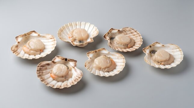 Fresh raw scallops served in their natural shells isolated on a light grey background top view