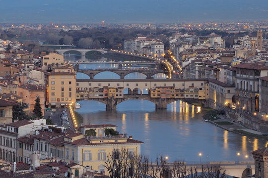 Ponte Vecchio and Arno River in Florence at dawn