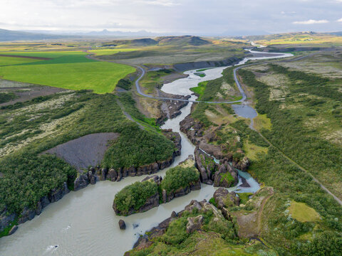 Aerial view of Hv�t� river and Br�arhl�� basalt gorge in Iceland
