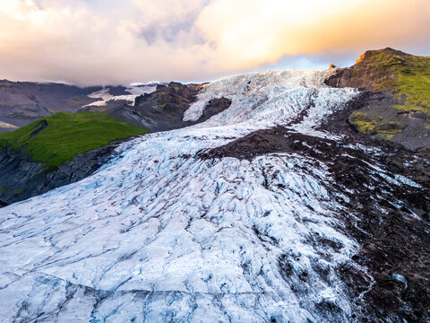 Aerial view of Svinafellsjokull glacier in Iceland at sunset