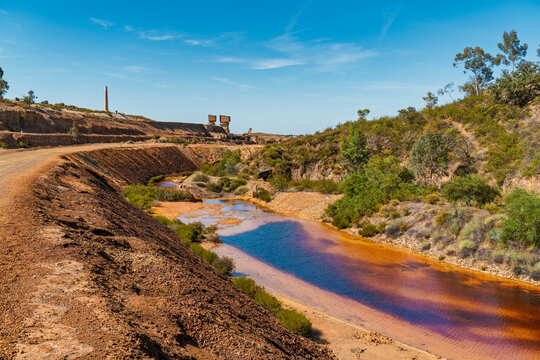 Acidic river flows near historic Sao Domingos mine ruin