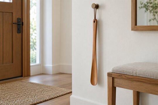 Long wooden shoehorn hanging neatly in a home entryway