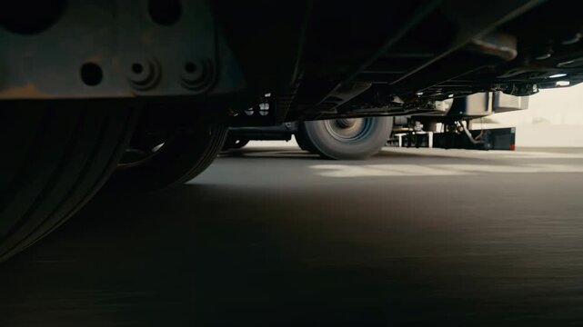 Heavy vehicle wheels roll along paved roadway in an extreme low angle view beneath the chassis, showing rotating tires, dark undercarriage components, road texture, and daylight