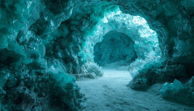 Turquoise crystal cave interior magical mineral concept background