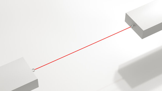 Two floating blocks connected by red string, 3D Rendering