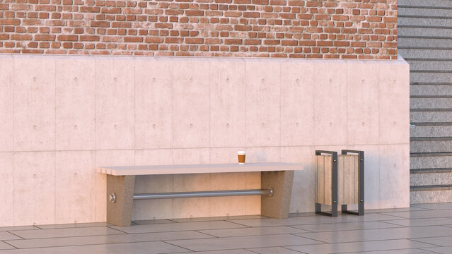 Takeaway coffee on bench next to waste bin, 3d rendering