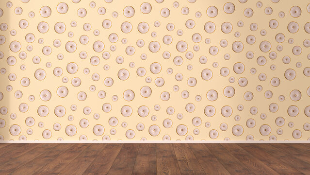 Wallpaper with doughnut pattern and wooden floor, 3D Rendering