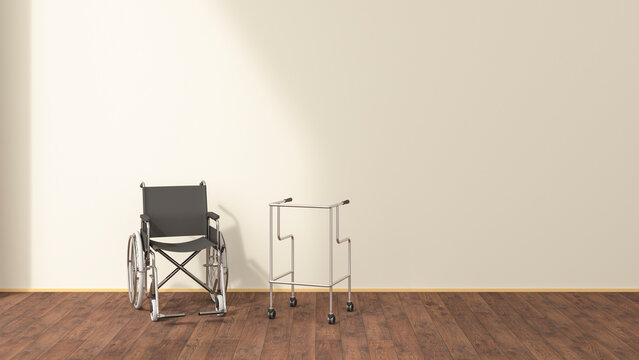 Wheelchair and wheeled walker in a waiting room, 3D rendering