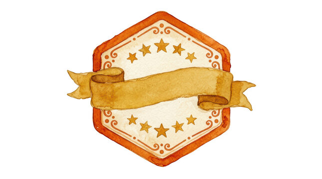 Watercolor hexagon badge with blank ribbon banner isolated on transparent background