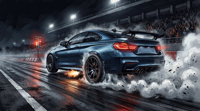 Sports coupe car launching on a drag strip with tire smoke at night race event