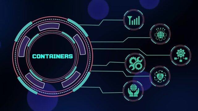 Container technology concept featuring cloud native applications, scalable infrastructure, automated deployment, enterprise networking, virtualization and digital operations.