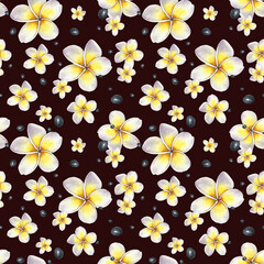 Seamless watercolor pattern with white and yellow plumeria flowers and black papaya seeds in a tropical botanical style. Illustration for fabric, wallpaper, packaging, stationery and cosmetics. © Mea_ta 