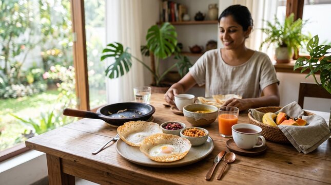 Woman enjoying a healthy Sri Lankan breakfast with appam and tropical fruits by a sunlit window