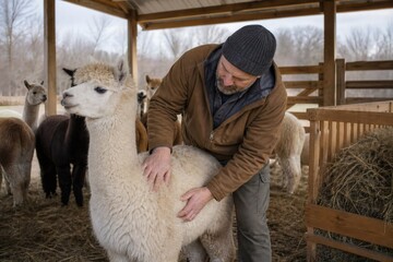 Fototapeta premium Alpaca and sheep care