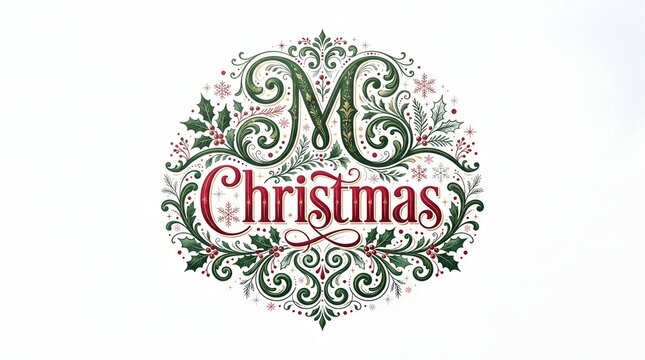 Vintage christmas monogram with floral elements and decorative script lettering