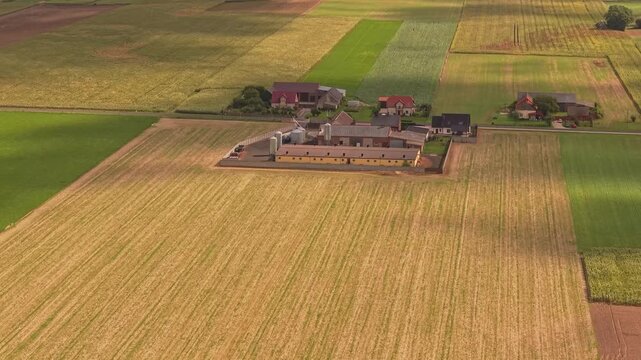 Aerial view of Palac w Pakoslawiu surrounded by agricultural fields and rural landscape in Powiat nowotomyski, Wojewodztwo wielkopolskie, Poland.