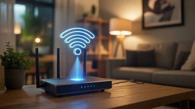 Modern Wi-Fi router with glowing signal icon on wooden table in a cozy home living room