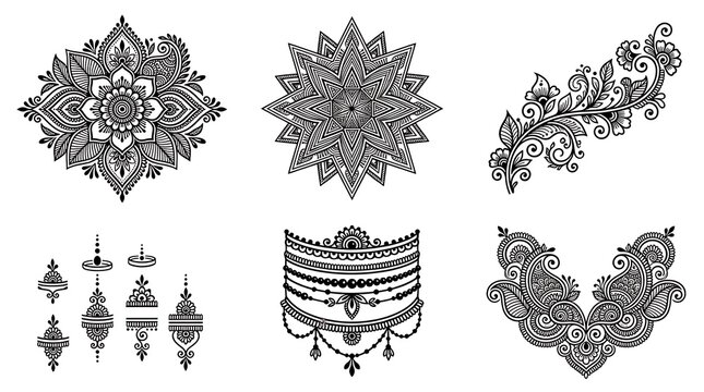 Set of intricate mehndi designs and patterns for traditional body art and decoration.